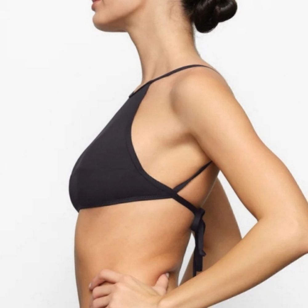 NWT SKIMS Recycled Swim High Neck Back Tie Onyx Black Top - Picture 2 of 7